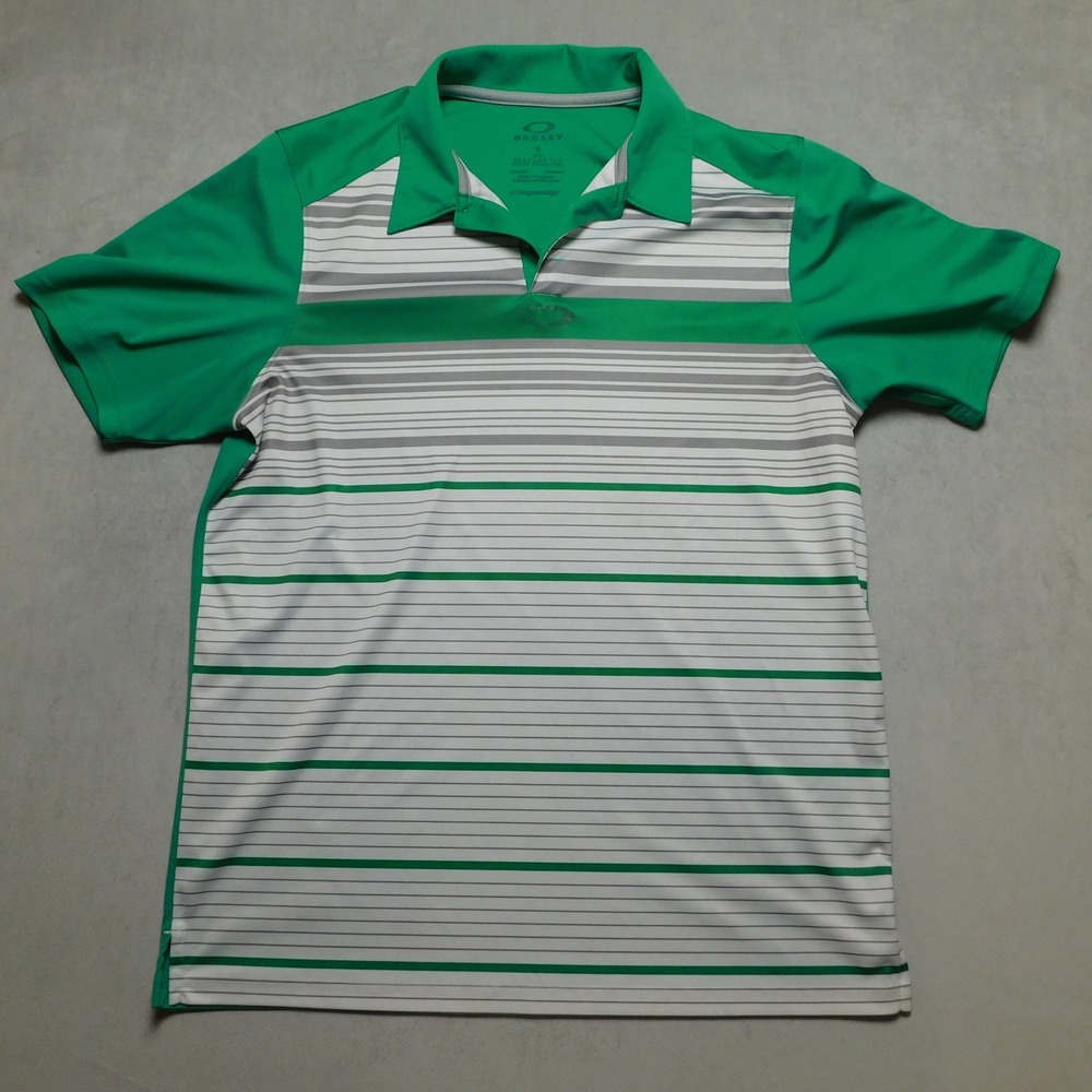 Oakley Mens Polo Shirt Short‎ Sleeve Green White Striped Golf Performance Size S